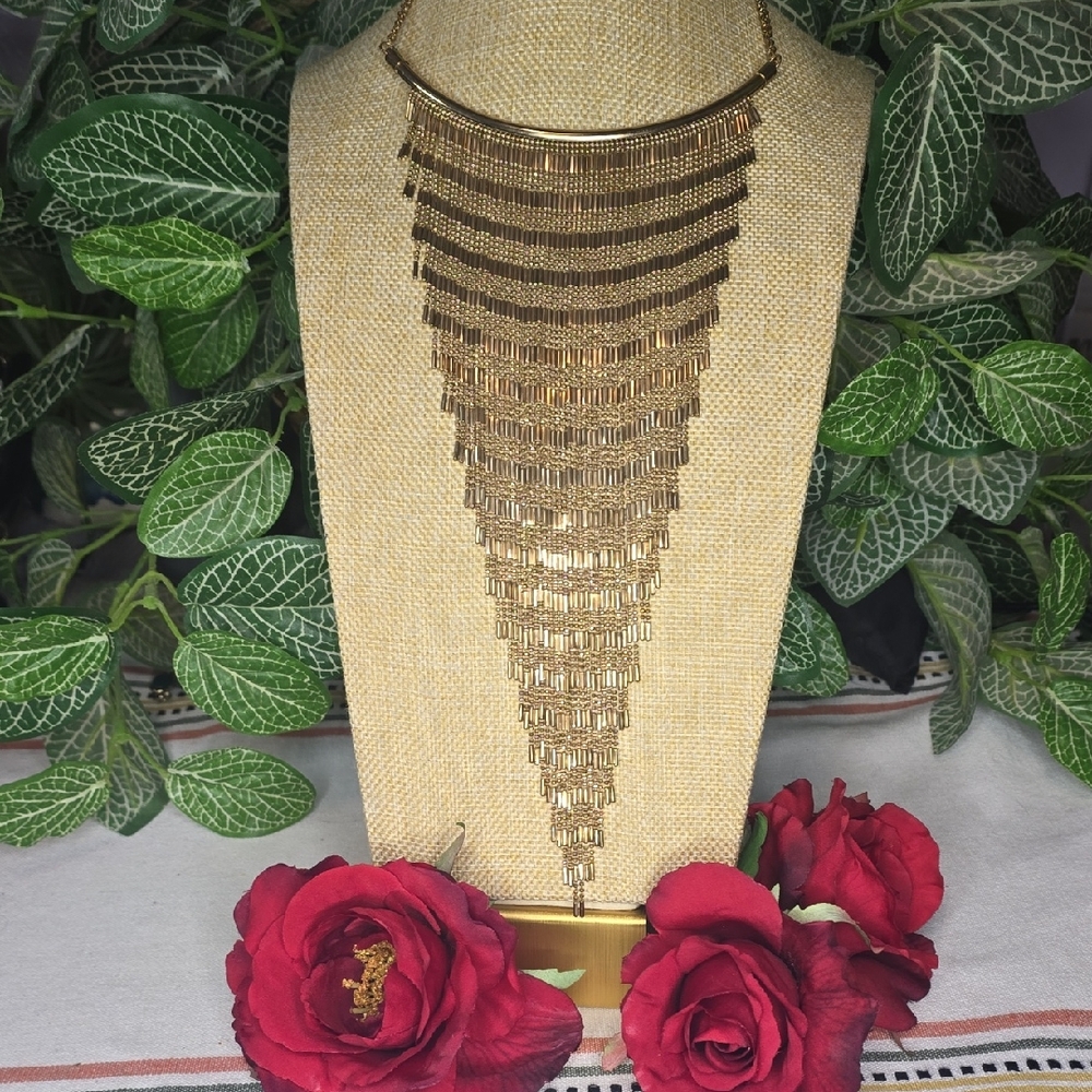 Rose Gold Tone Metal Fringe Bib Statement Necklace